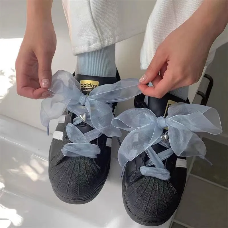 4cm Widened Transparent Chiffon Yarn Shoelaces Flat Silk Big Bow Wide Laces Trend Beauty White Casual Shoes Laces
