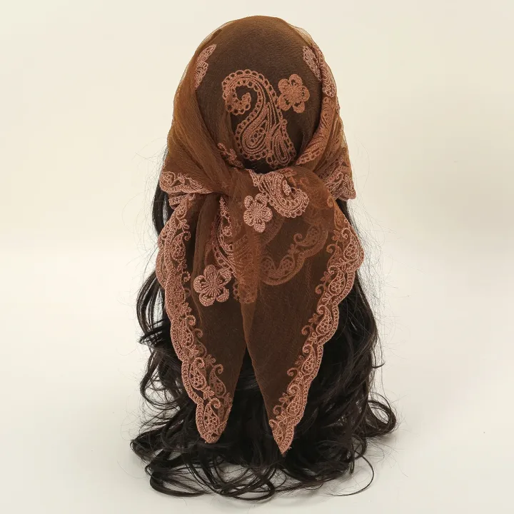 Lace Paisley Embroidery Bandana Square Scarf Elegant Breathable Silk Scarves Women Sunscreen Lightweight Shawl Headband