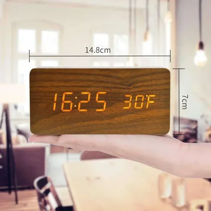 Digital Alarm Clock Wooden LED Table Clock with Temperature for Bedroom Office Travel Desk Decorations