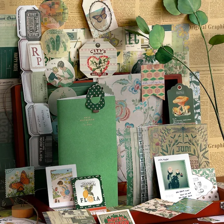 Retro scrapbook supplies, aesthetic diary tool kit, material paper set, simple Instagram style background, handmade DIY material