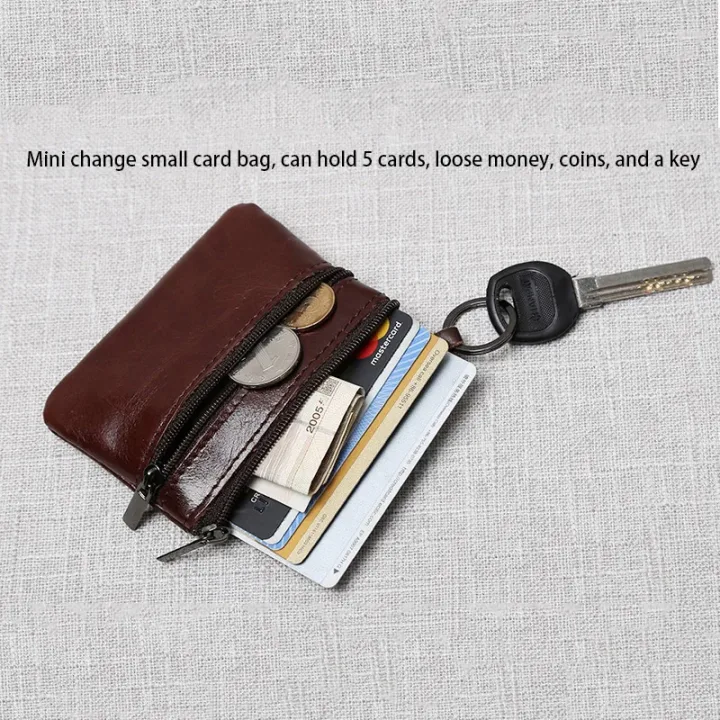 Leather Mini Coin Purse Unisex Simple Portable First Layer Cowhide Retro Handmade Zipper Small Wallet Key Case