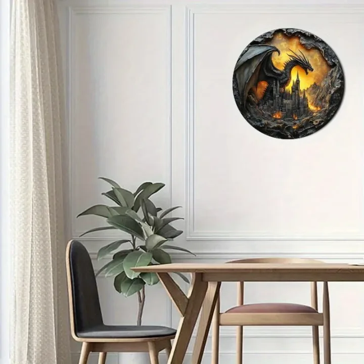 2D Round Wooden Plane Sign Art Dark Dragon Decorative Plates Entrance Gift Drangon Theme for Bar Club Home Room Wall Decor