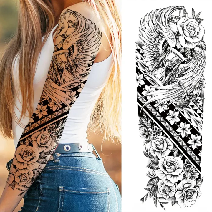 1 Sheets Wolf Lion Tiger Maori Temporary Tattoos For Men Women Adults Full Sleeve Arm Flower Rose Skull Tattoo Sticker Decor
